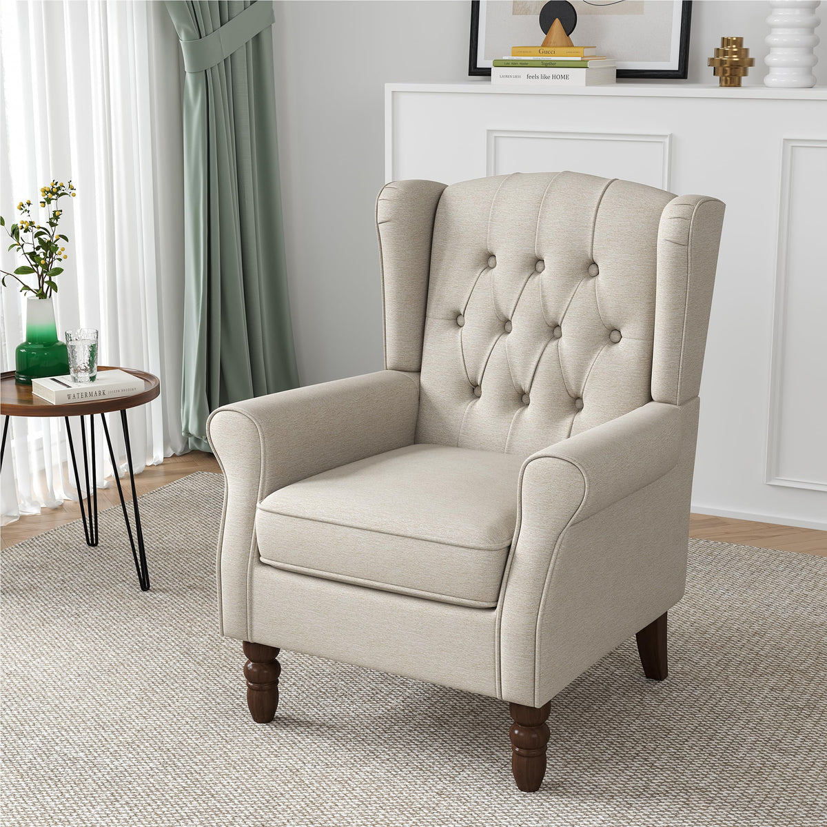 Qatiby Tufted Wingback Accent Chair, High Back Armchair for Living Room