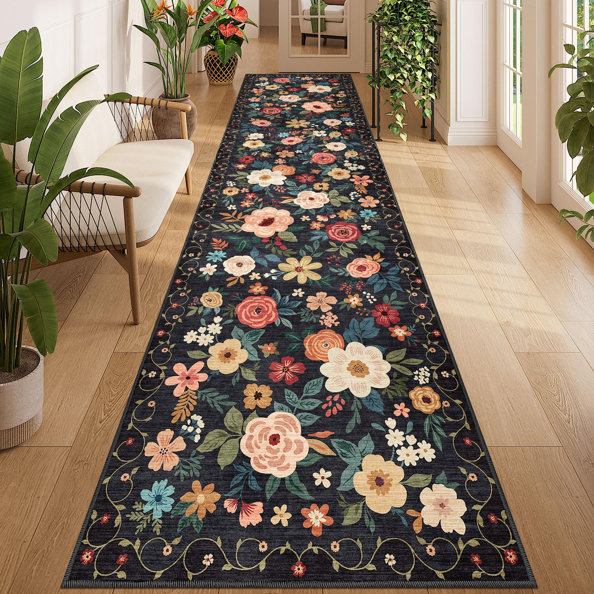 DUKINO Black Floral Area Rug for Modern Home Decor