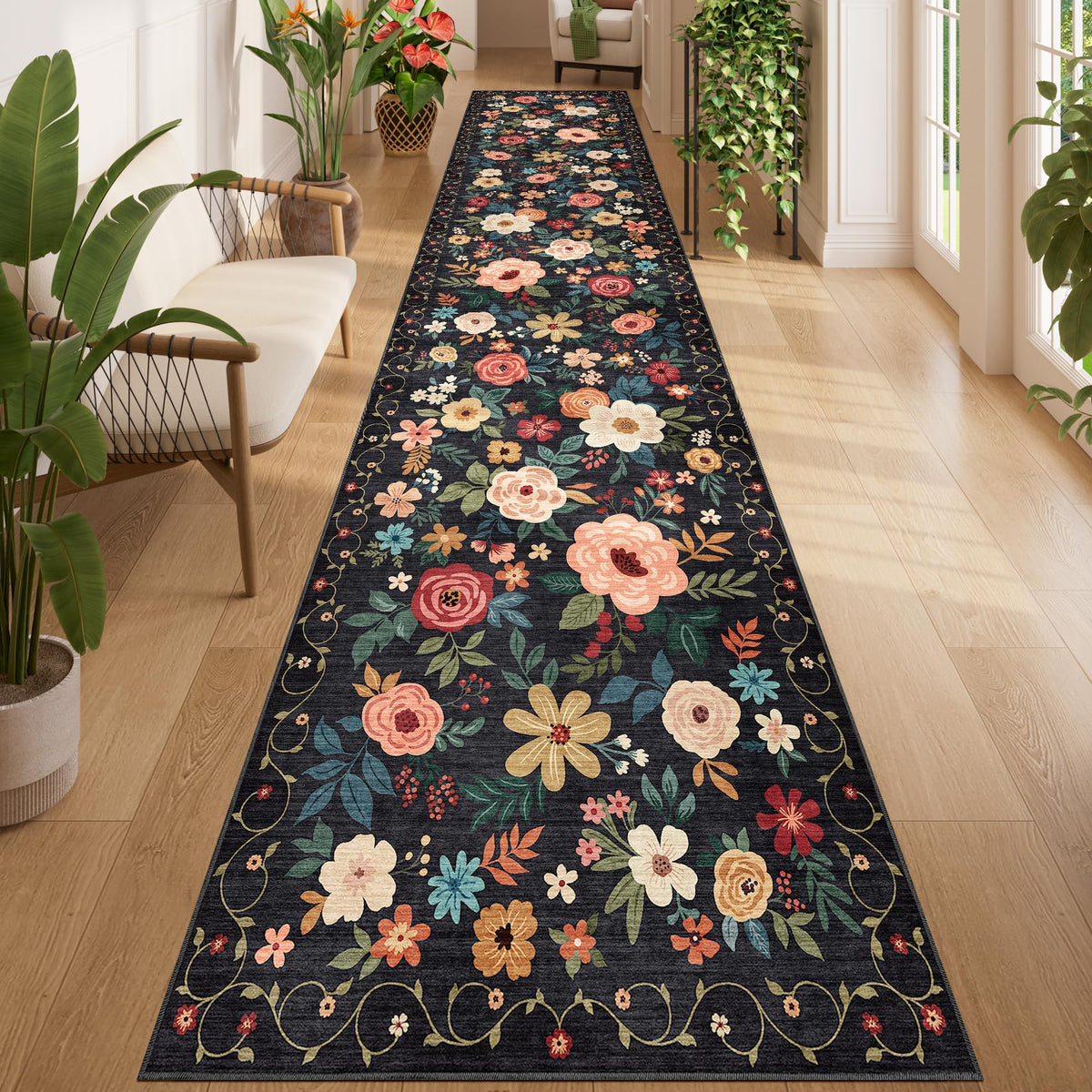 DUKINO Black Floral Area Rug for Modern Home Decor