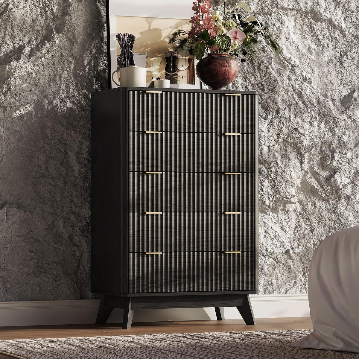 TROJM Fluted Bedroom Dresser with Curved Edge Design