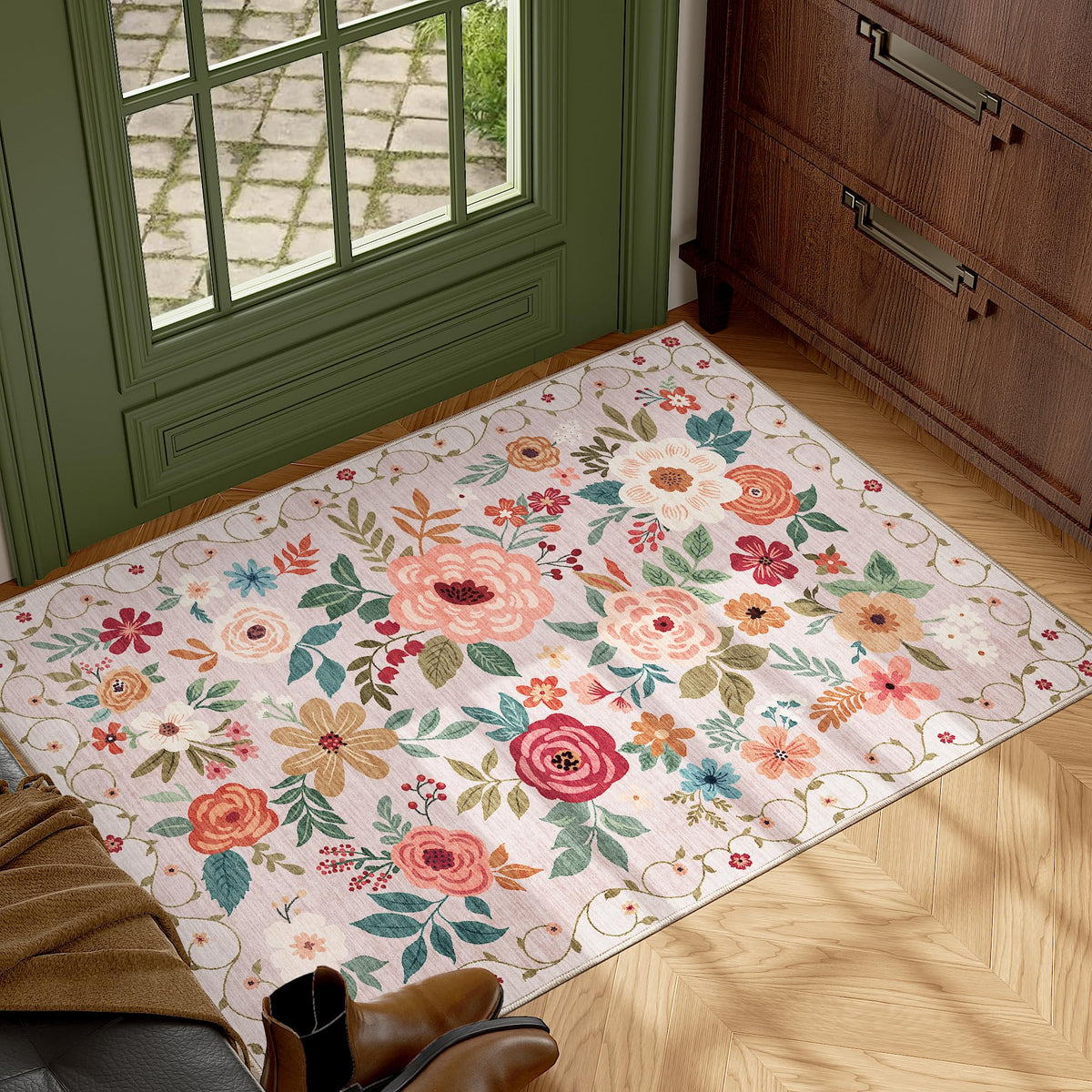 DUKINO Black Floral Area Rug for Modern Home Decor