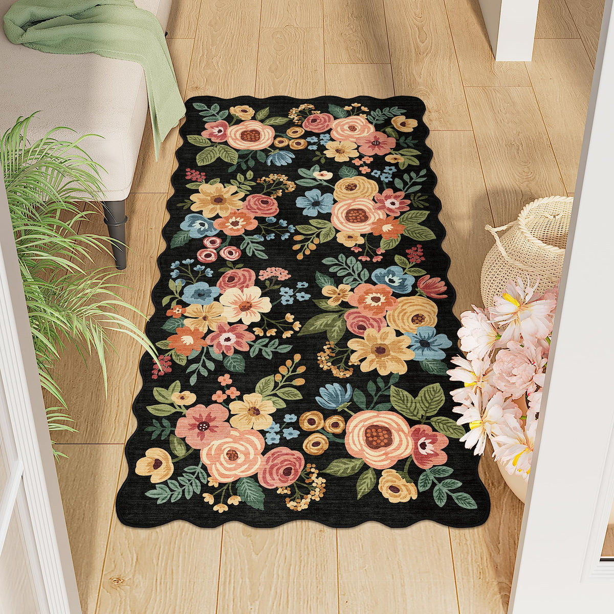 DUKINO Black Floral Area Rug for Modern Home Decor