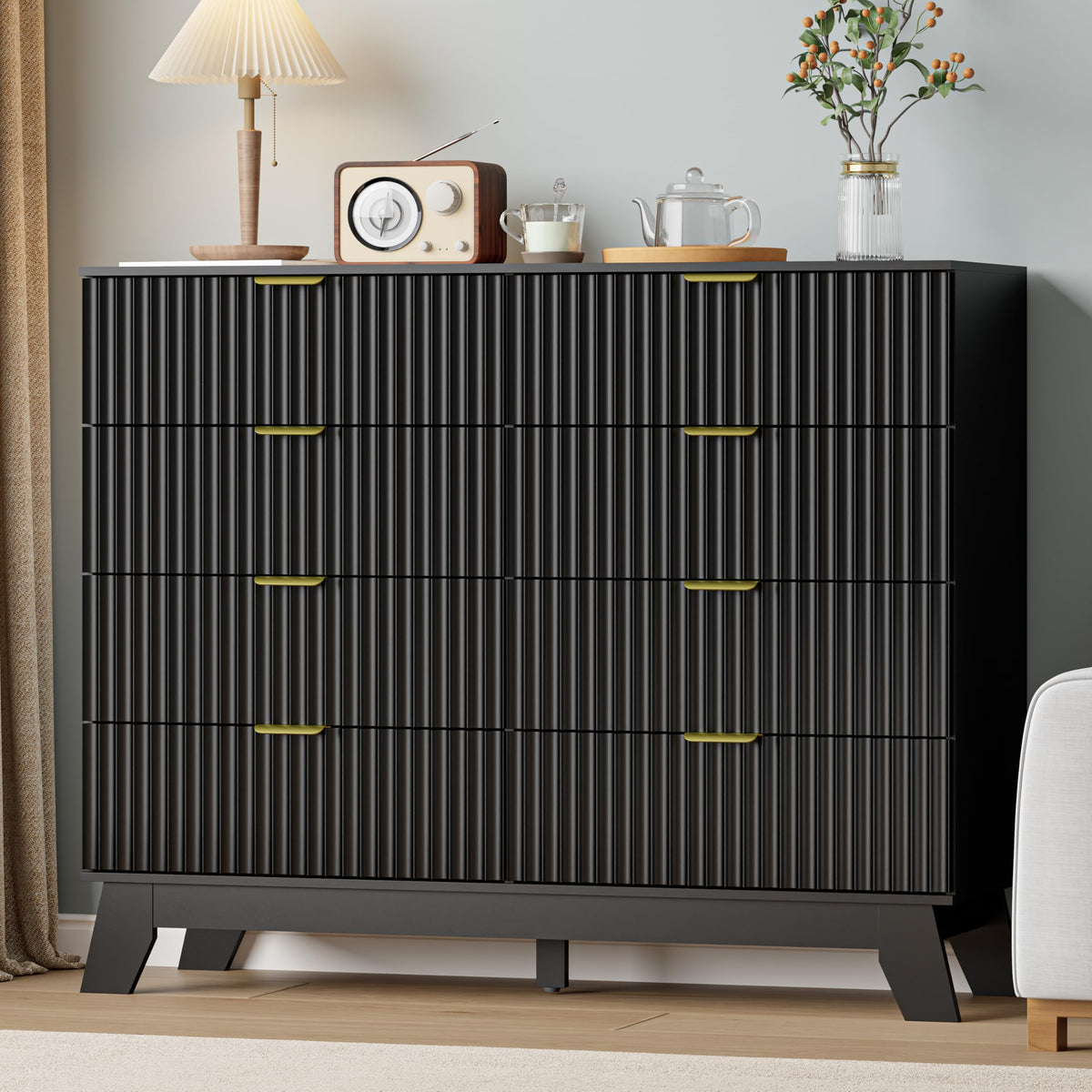 IAISRO 57-Inch Fluted 9-Drawer Dresser with Gold Handles