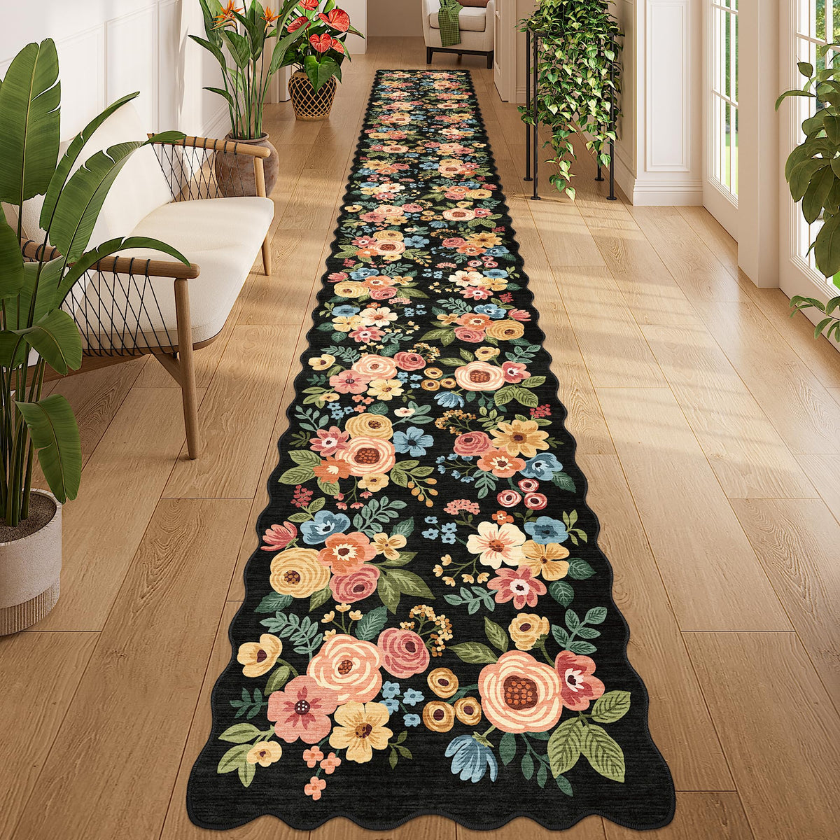 DUKINO Black Floral Area Rug for Modern Home Decor