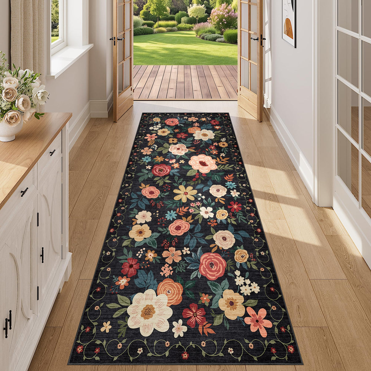 DUKINO Black Floral Area Rug for Modern Home Decor