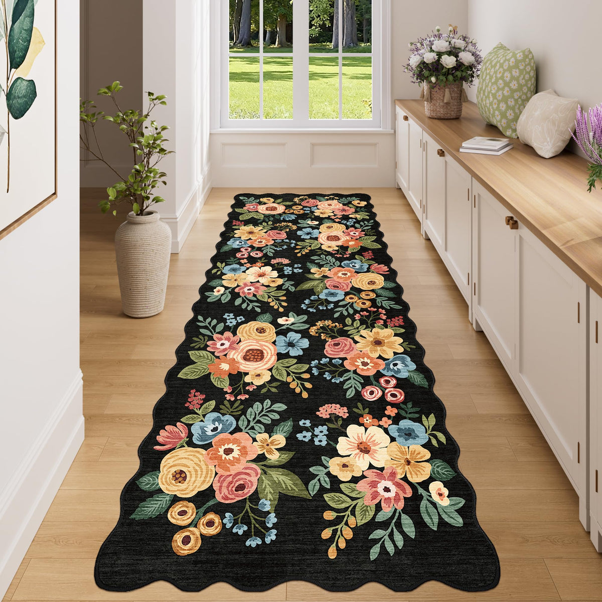 DUKINO Black Floral Area Rug for Modern Home Decor