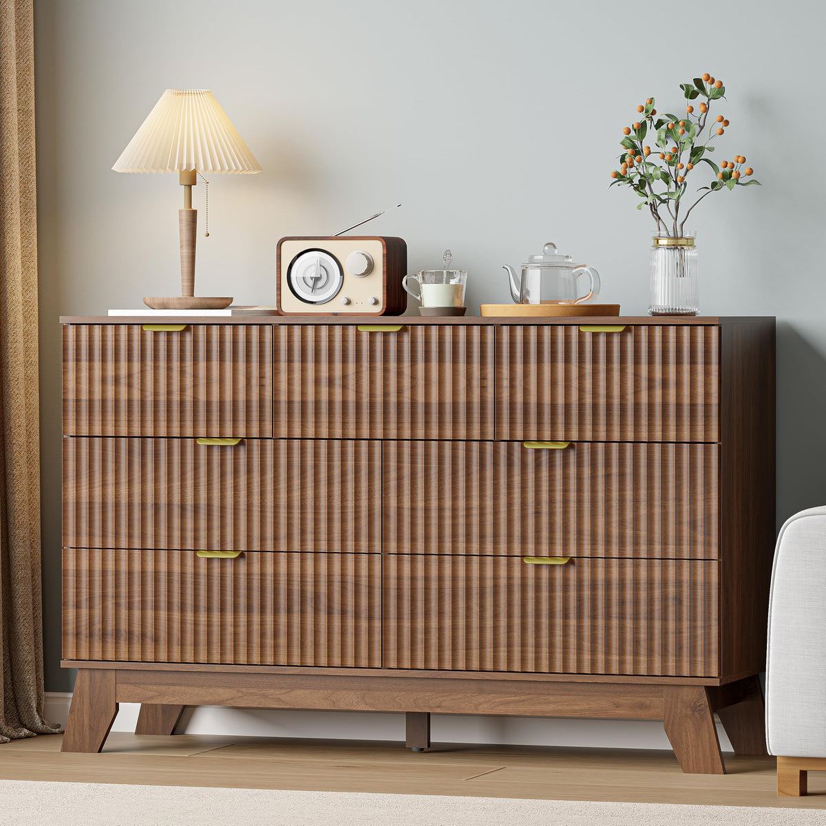 IAISRO 57-Inch Fluted 9-Drawer Dresser with Gold Handles