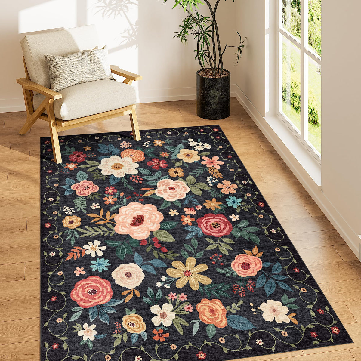 DUKINO Black Floral Area Rug for Modern Home Decor