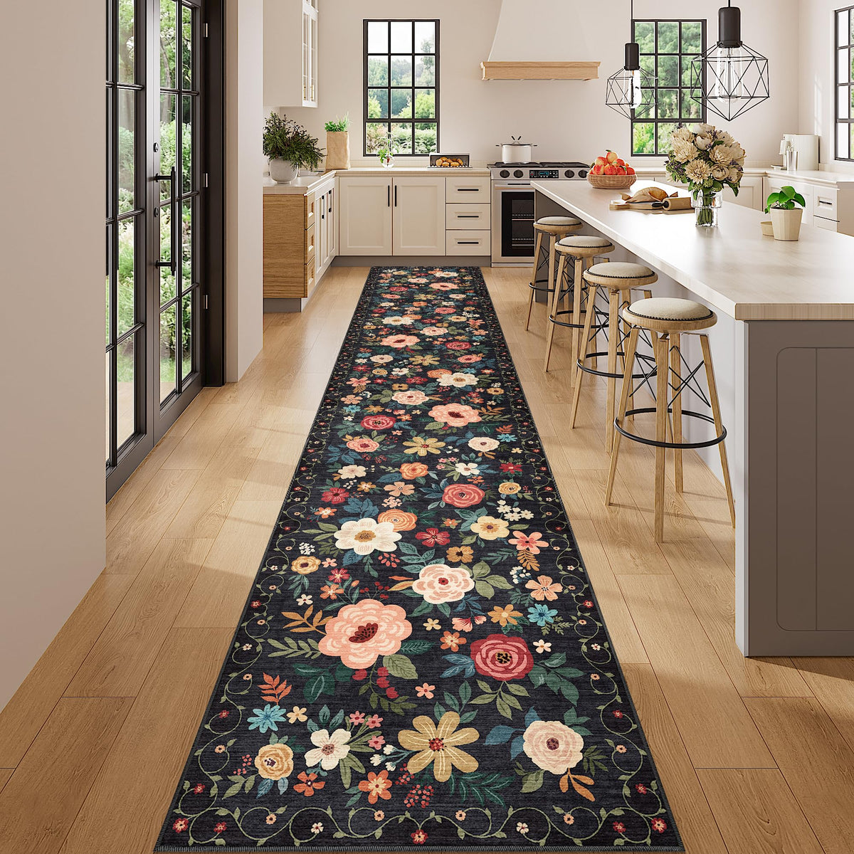 DUKINO Black Floral Area Rug for Modern Home Decor