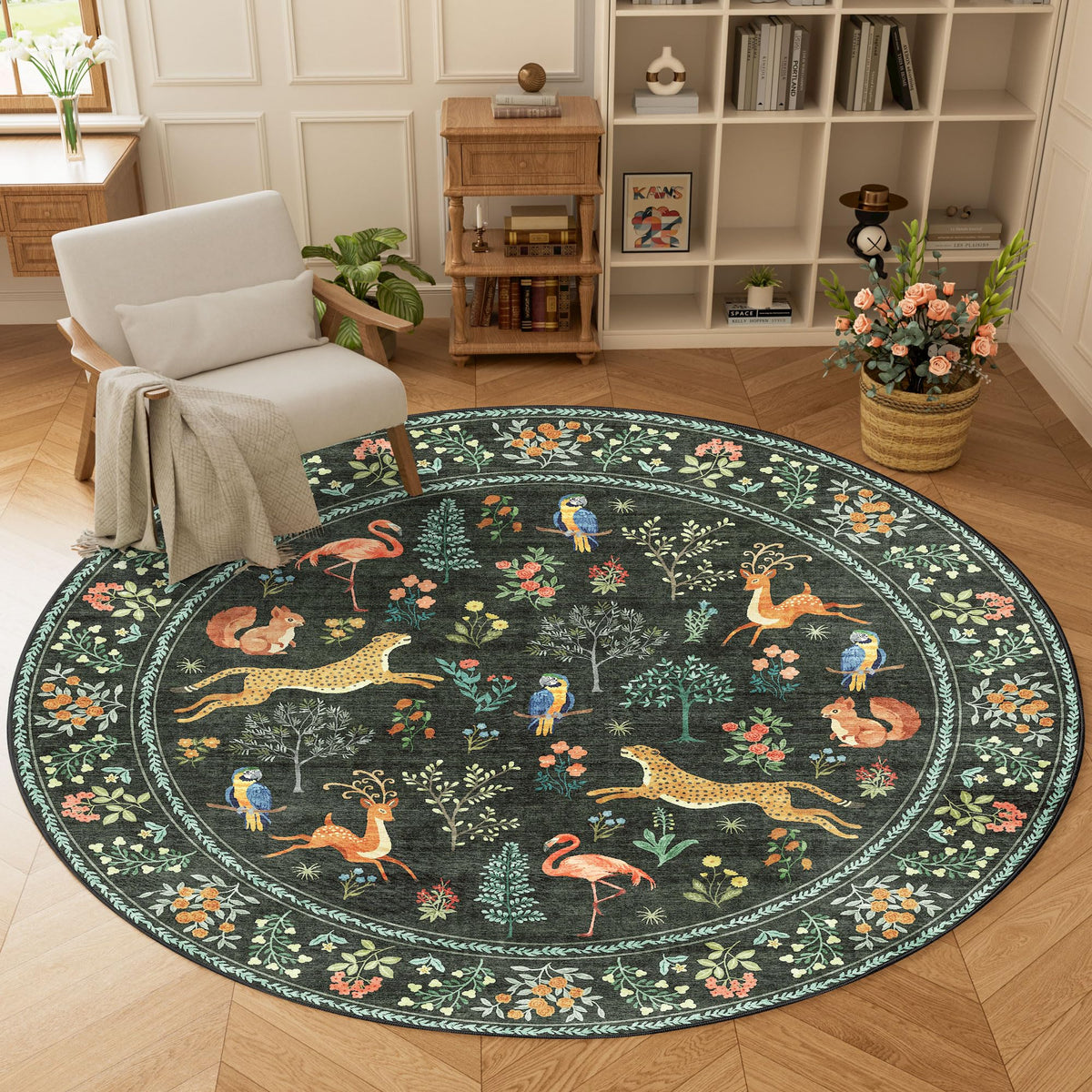 DUKINO Black Floral Area Rug for Modern Home Decor