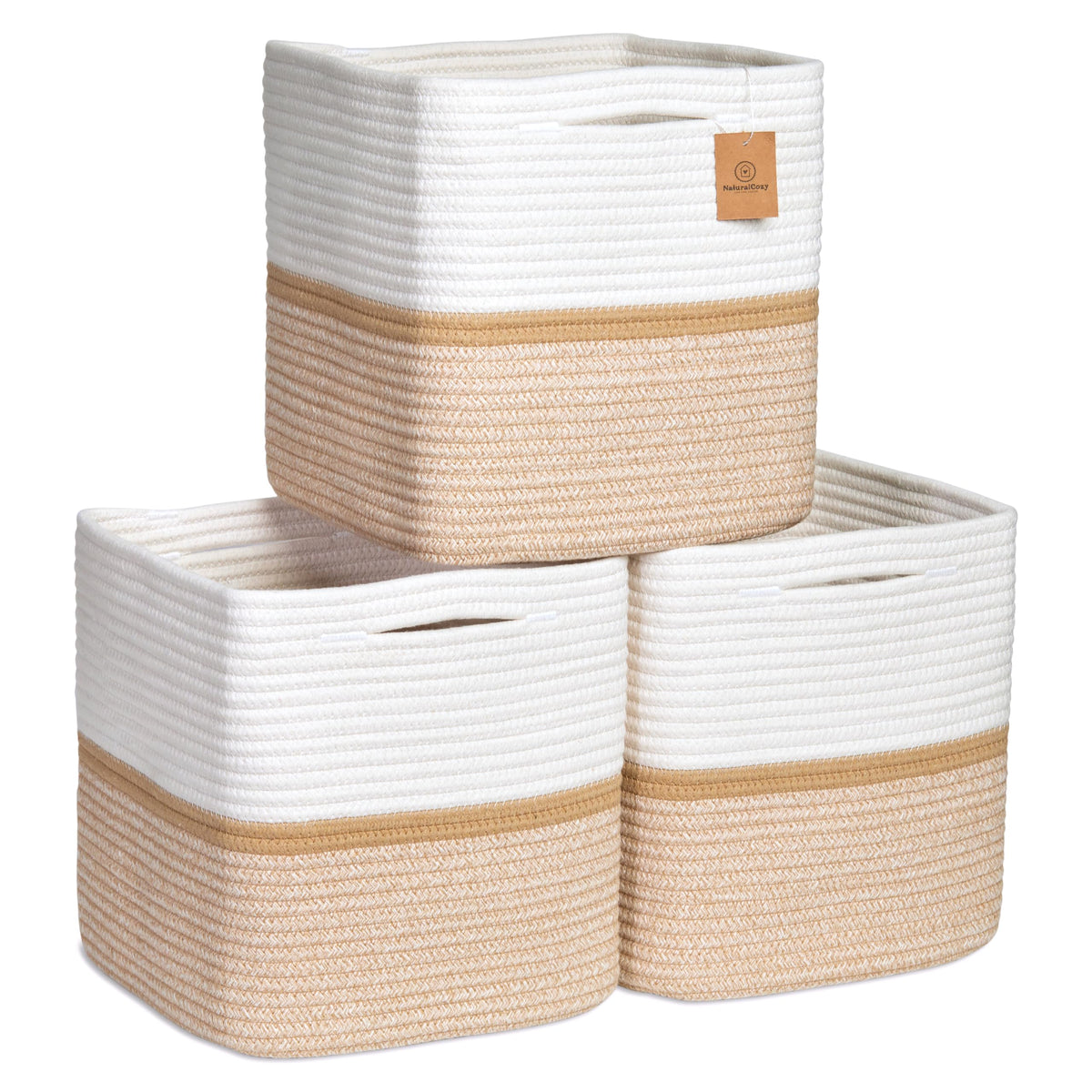 NaturalCozy 11-Inch Cube Rope Storage Baskets, 3-Pack