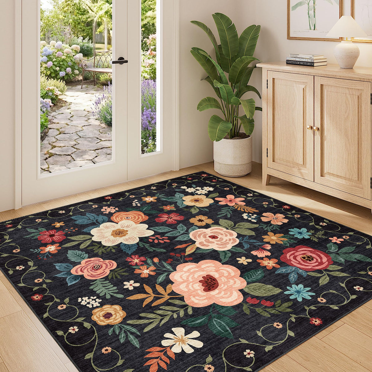 DUKINO Black Floral Area Rug for Modern Home Decor