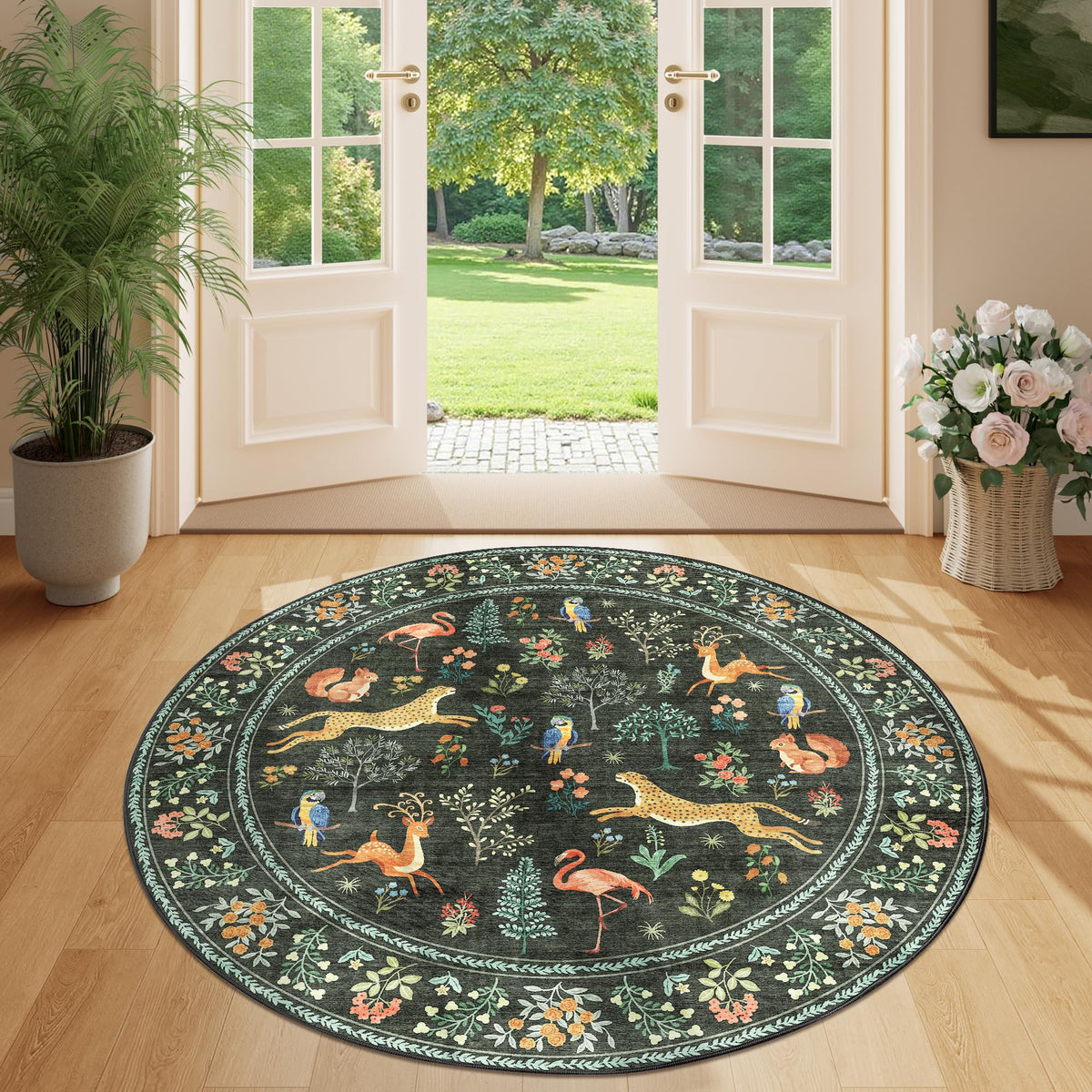 DUKINO Black Floral Area Rug for Modern Home Decor