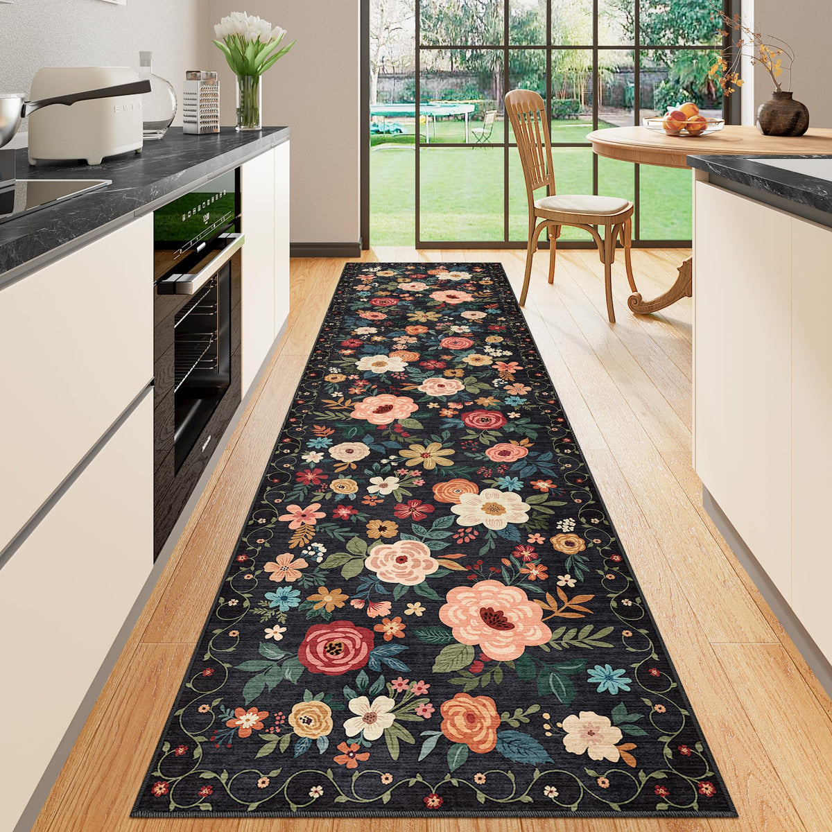 DUKINO Black Floral Area Rug for Modern Home Decor
