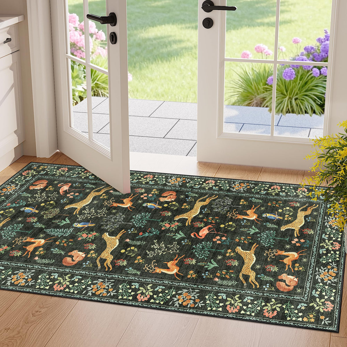 DUKINO Black Floral Area Rug for Modern Home Decor