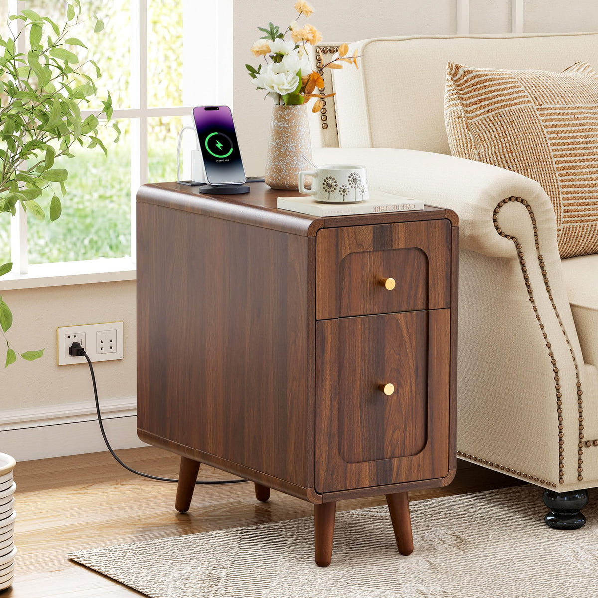Slim Nightstand End Table with Built-In Charging Station