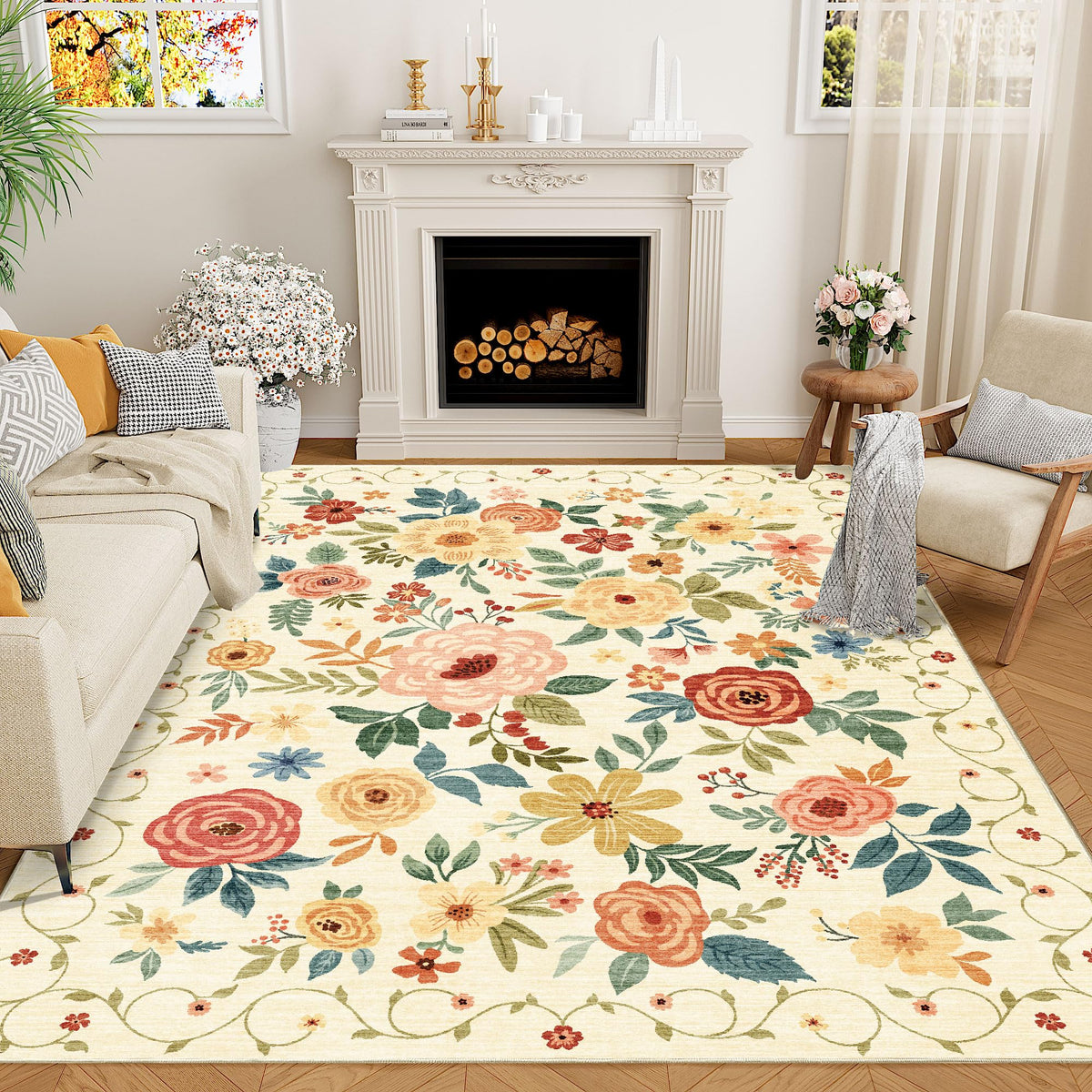 DUKINO Black Floral Area Rug for Modern Home Decor