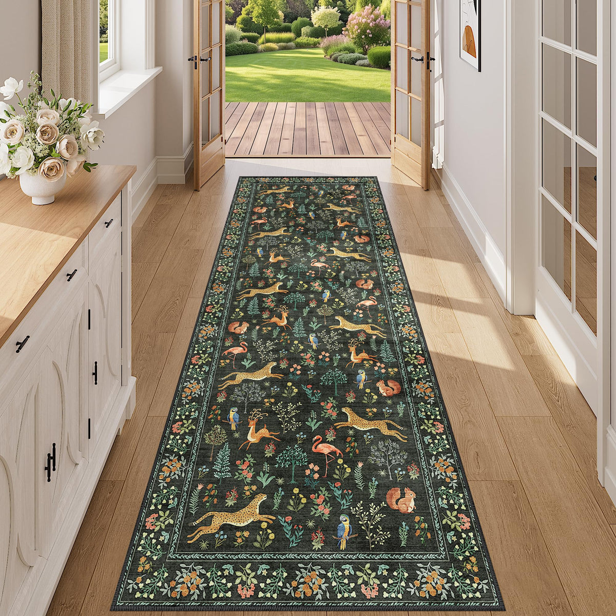DUKINO Black Floral Area Rug for Modern Home Decor