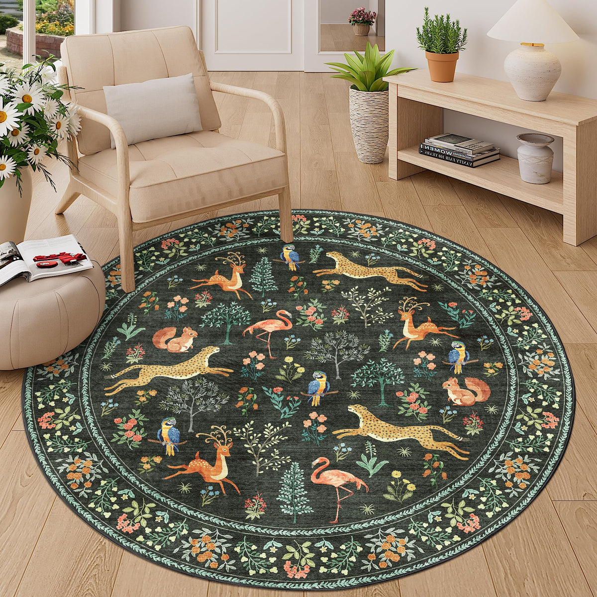 DUKINO Black Floral Area Rug for Modern Home Decor