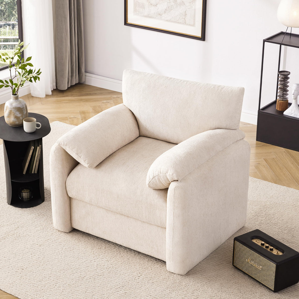 Chenille Oversized Armchair, 38.6" Wide Accent Chairs for Living Room & Bedroom Modern Lounge Chair, Upholstered Mid-Century Reading Chair, Comfy Living Room Chair, Single Sofa Chair, Beige