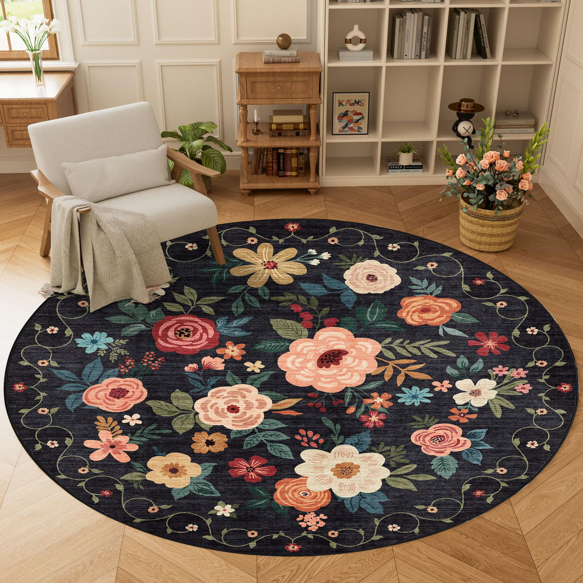 DUKINO Black Floral Area Rug for Modern Home Decor