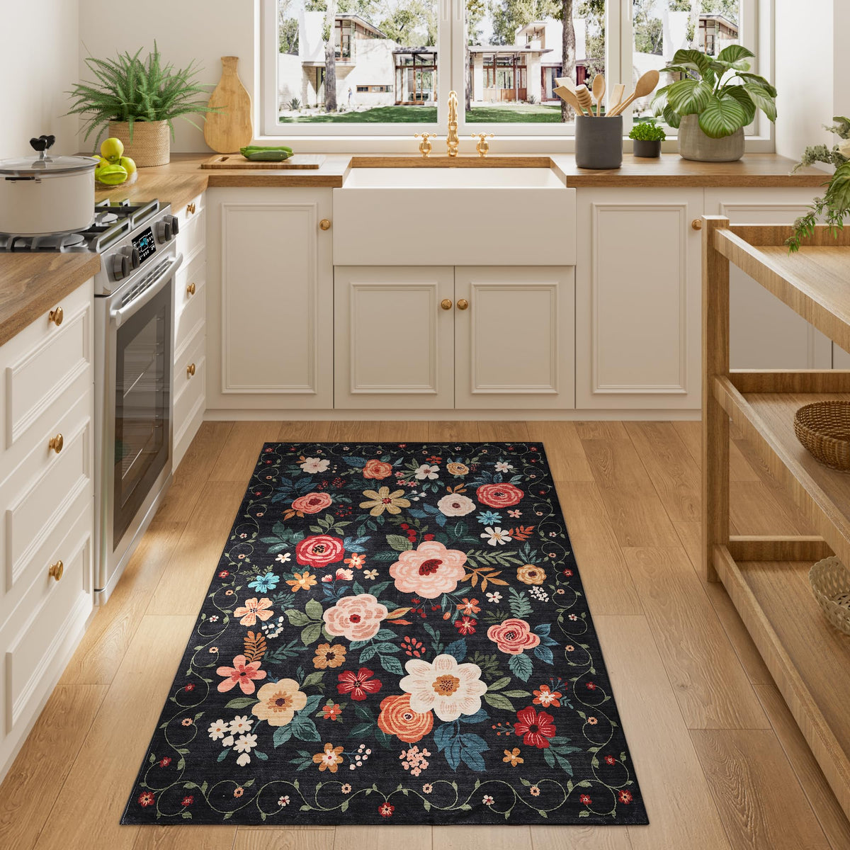 DUKINO Black Floral Area Rug for Modern Home Decor