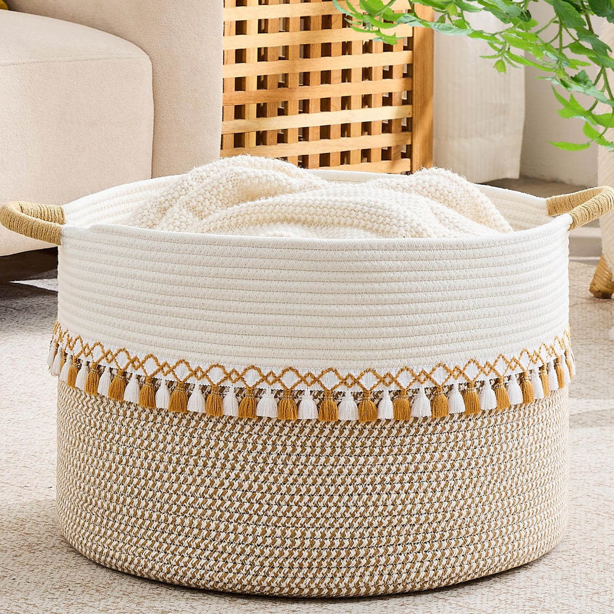 KAKAMAY 20 x 13-Inch Woven Cotton Rope Storage Basket