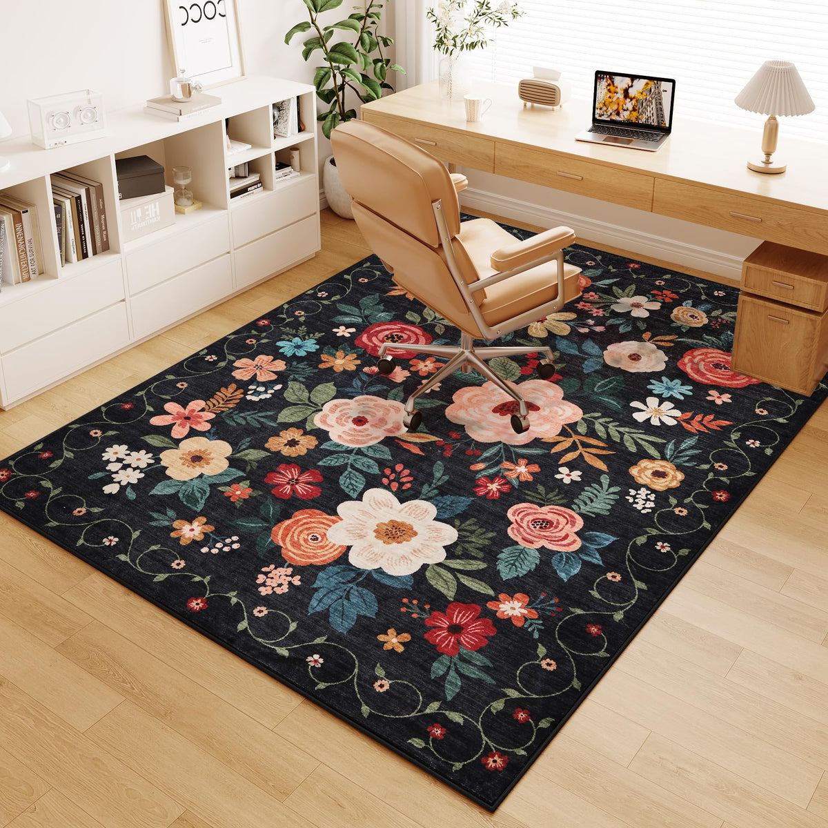 DUKINO Black Floral Area Rug for Modern Home Decor