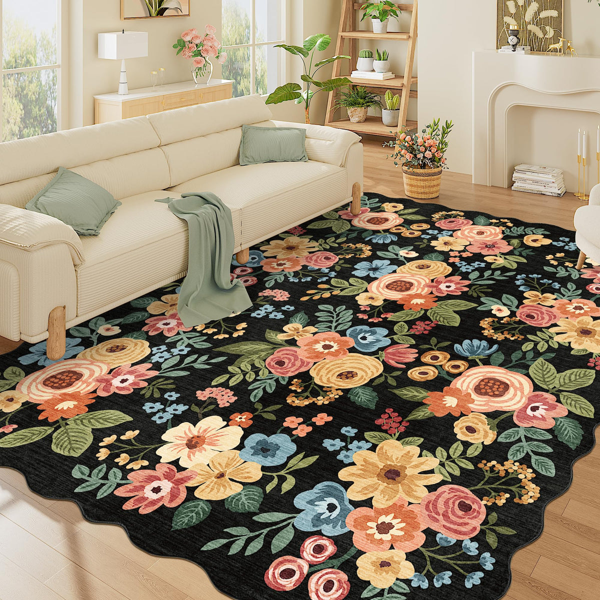 DUKINO Black Floral Area Rug for Modern Home Decor