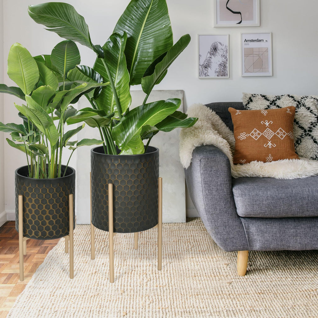 Oakrain Modern Metal Indoor Plant Pots with Stand, Set of 2