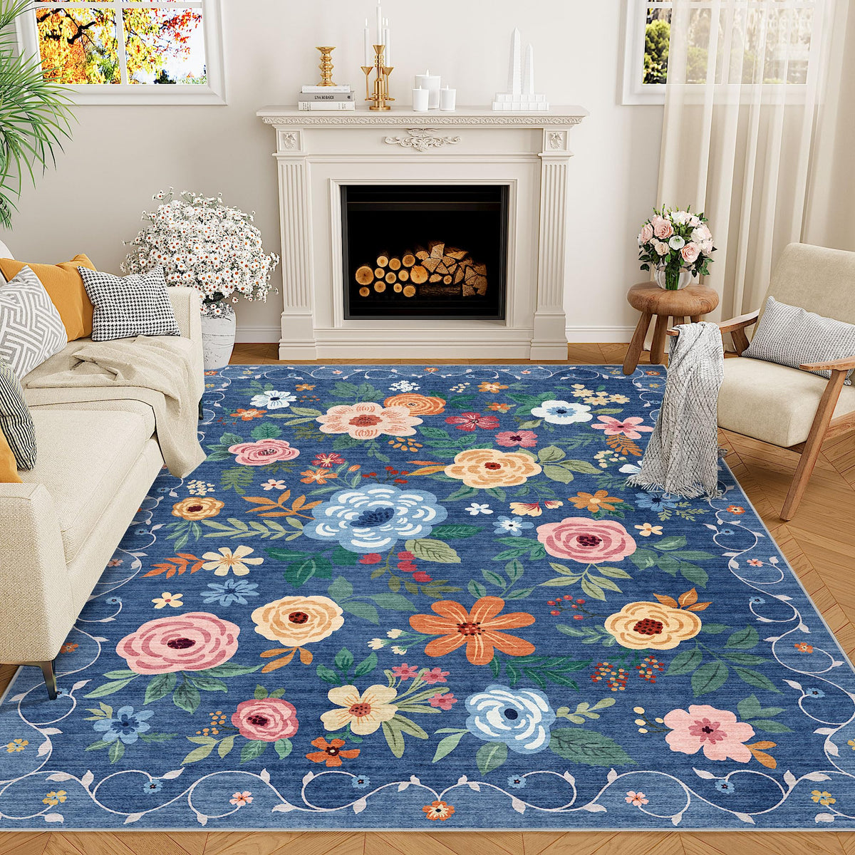 DUKINO Black Floral Area Rug for Modern Home Decor