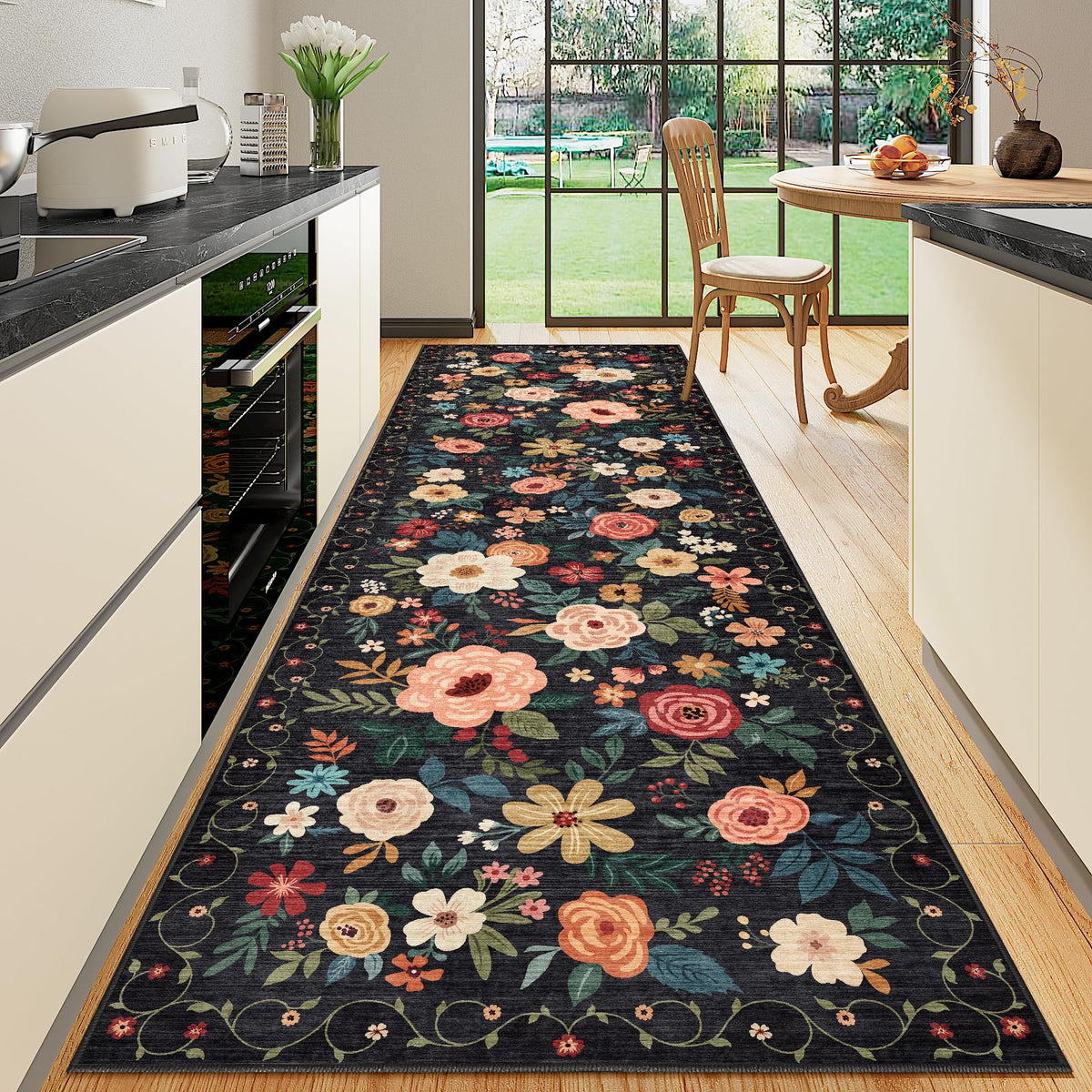 DUKINO Black Floral Area Rug for Modern Home Decor