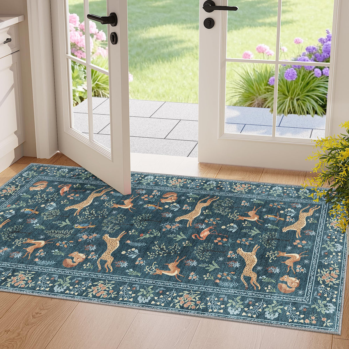 DUKINO Black Floral Area Rug for Modern Home Decor