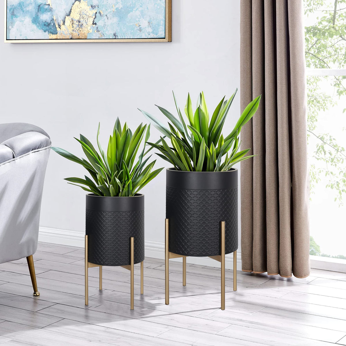 Oakrain Modern Metal Indoor Plant Pots with Stand, Set of 2