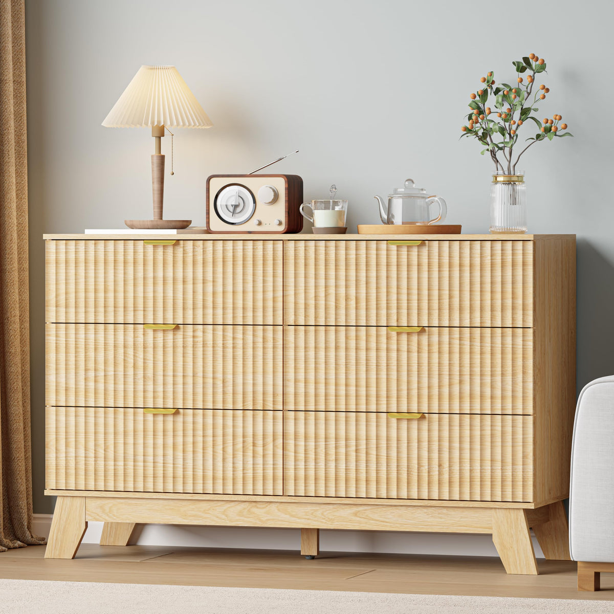 IAISRO 57-Inch Fluted 9-Drawer Dresser with Gold Handles