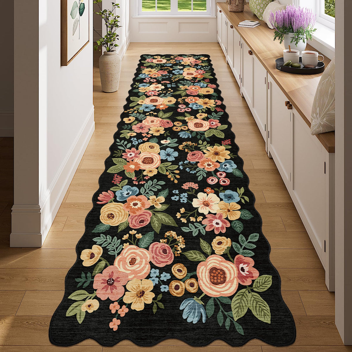 DUKINO Black Floral Area Rug for Modern Home Decor