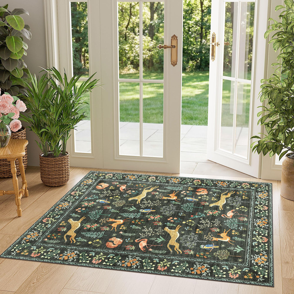 DUKINO Black Floral Area Rug for Modern Home Decor