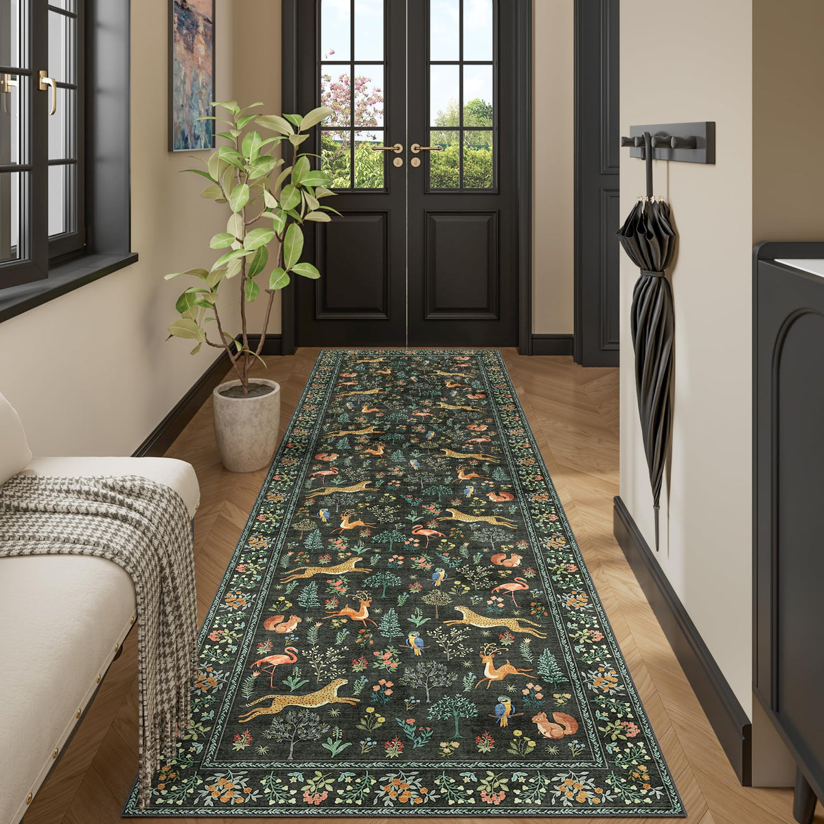 DUKINO Black Floral Area Rug for Modern Home Decor