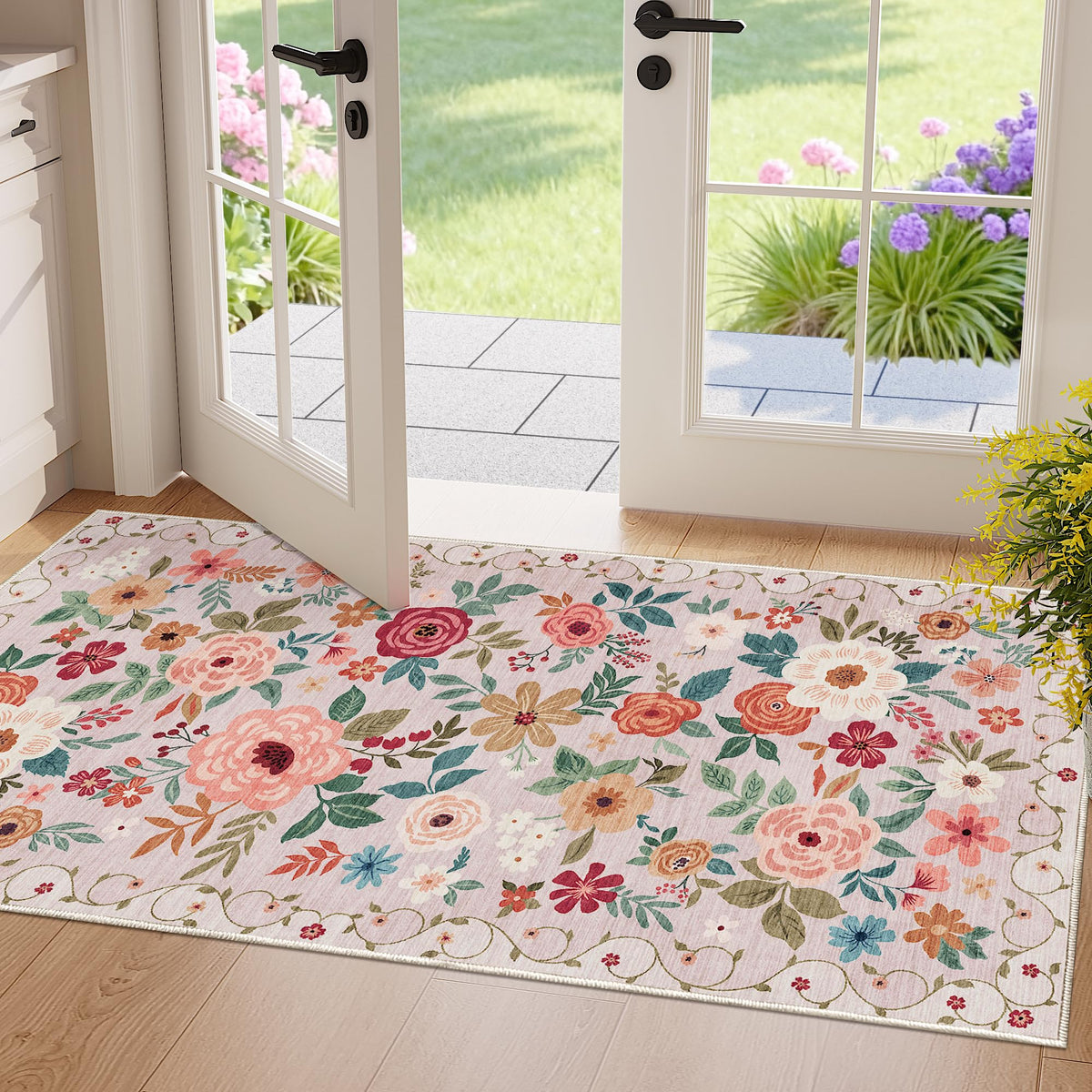 DUKINO Black Floral Area Rug for Modern Home Decor