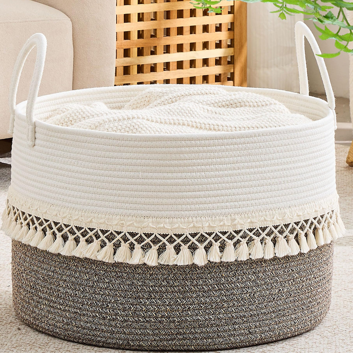 KAKAMAY 20 x 13-Inch Woven Cotton Rope Storage Basket
