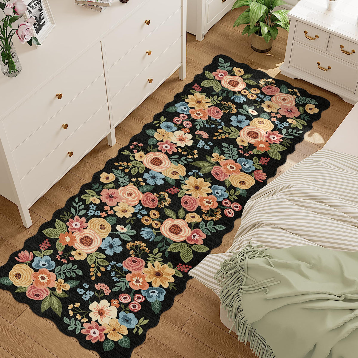 DUKINO Black Floral Area Rug for Modern Home Decor