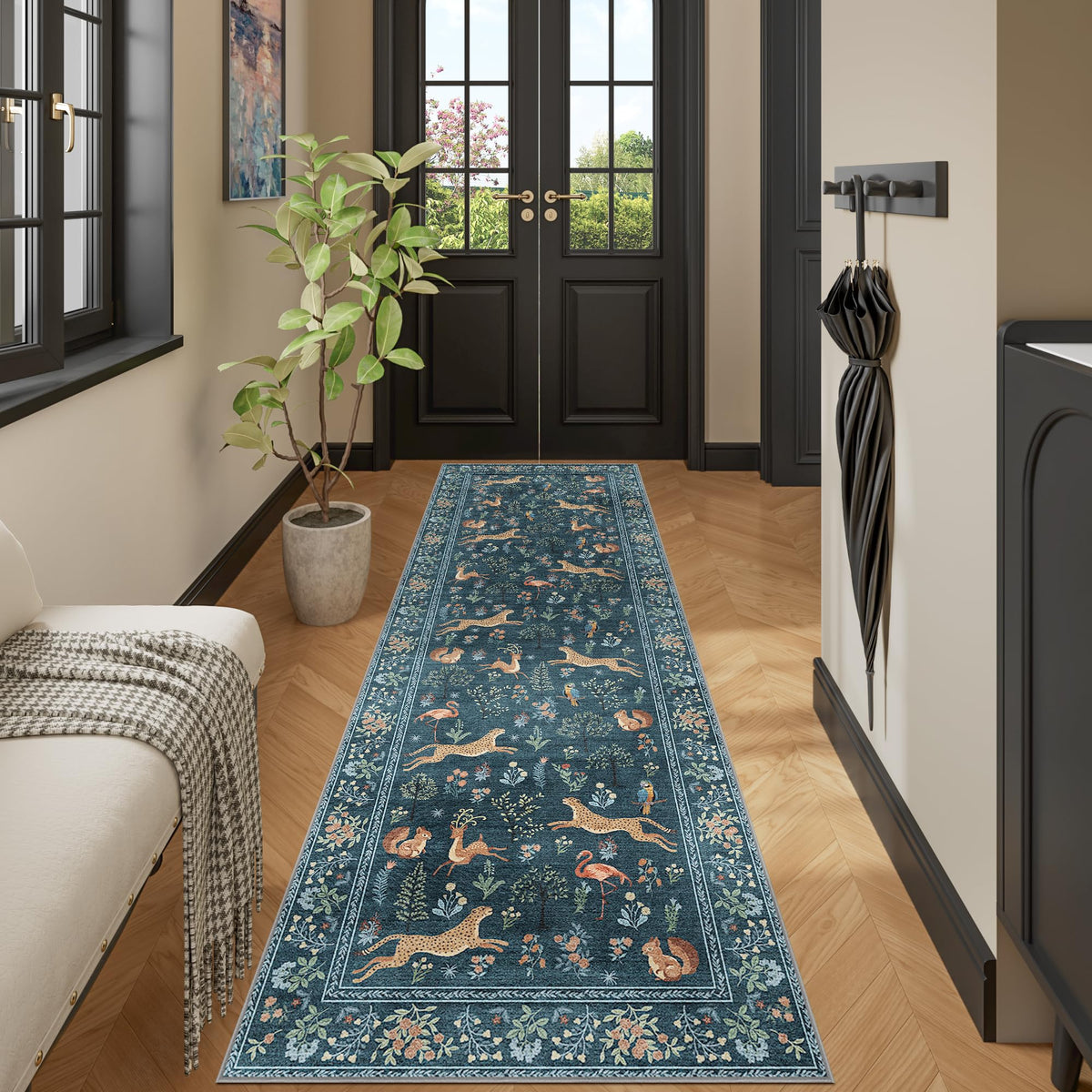 DUKINO Black Floral Area Rug for Modern Home Decor