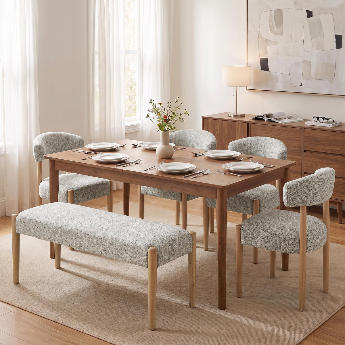 VKNOW Upholstered Dining Chairs, Set of 4 with Bench