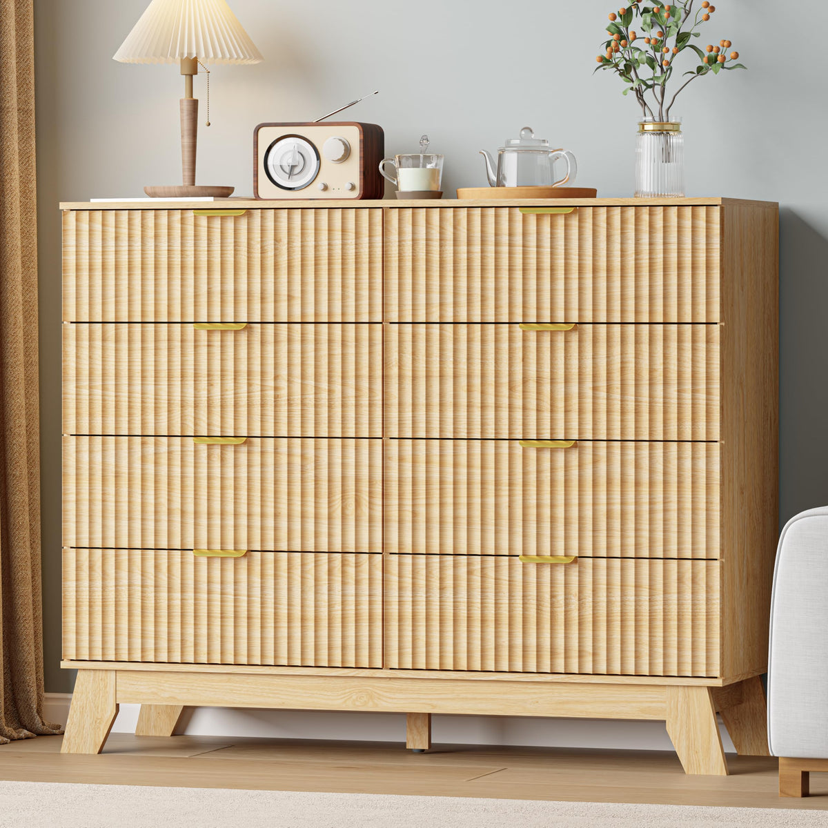 IAISRO 57-Inch Fluted 9-Drawer Dresser with Gold Handles