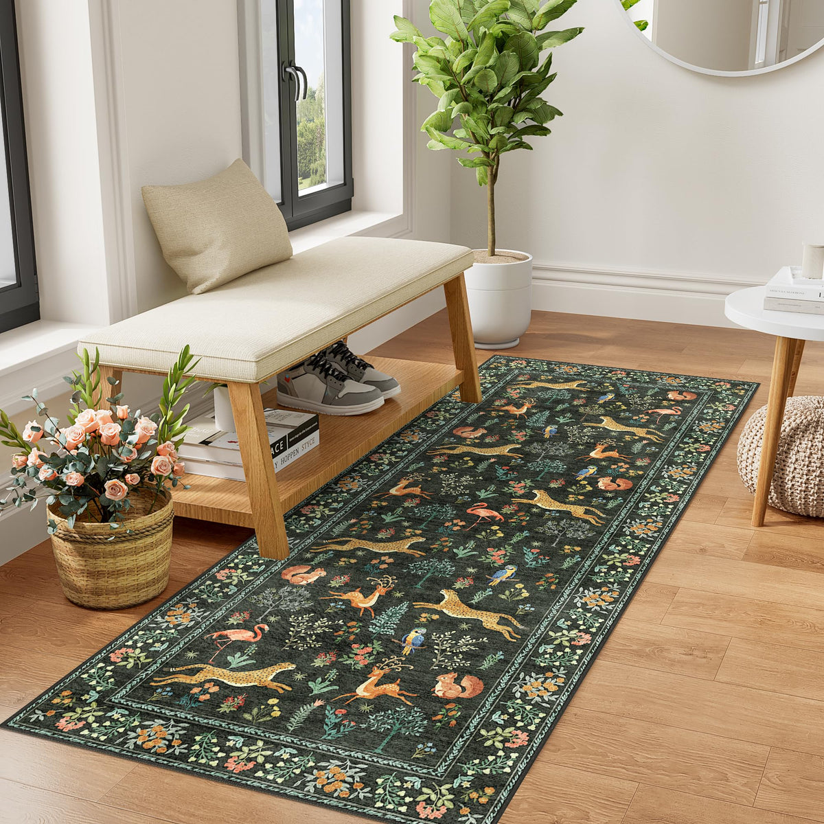 DUKINO Black Floral Area Rug for Modern Home Decor