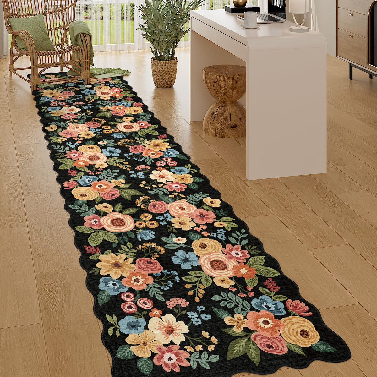 DUKINO Black Floral Area Rug for Modern Home Decor