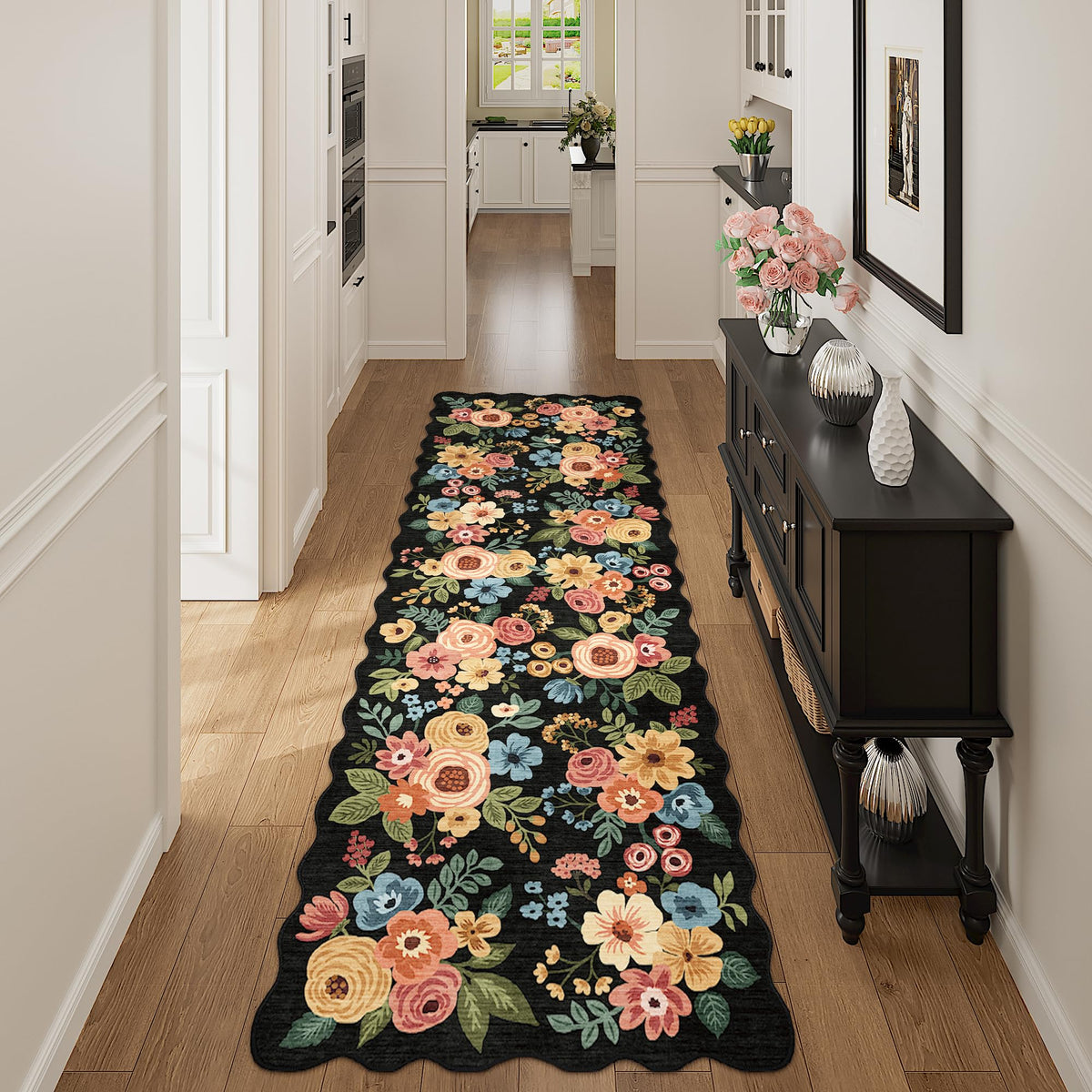 DUKINO Black Floral Area Rug for Modern Home Decor
