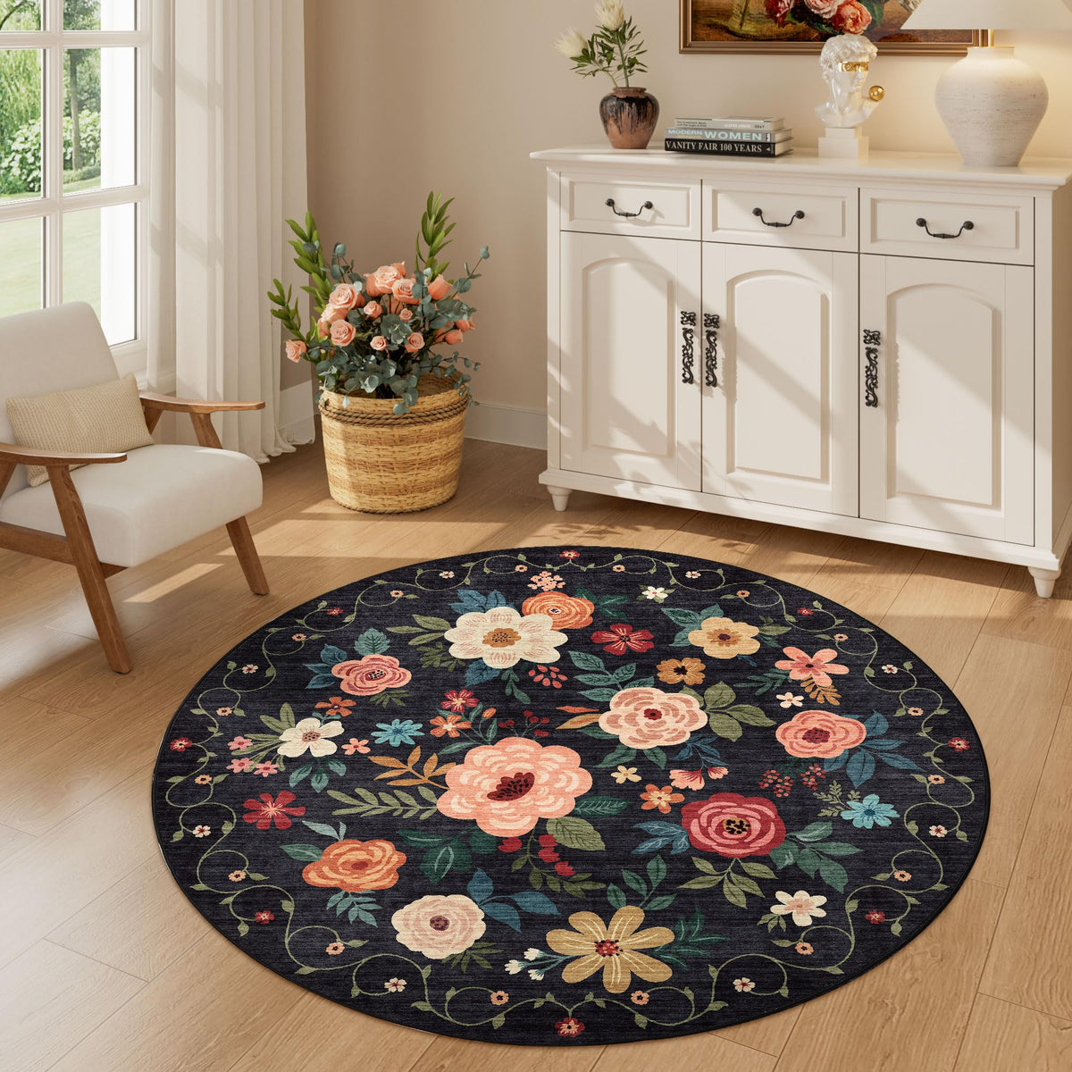 DUKINO Black Floral Area Rug for Modern Home Decor