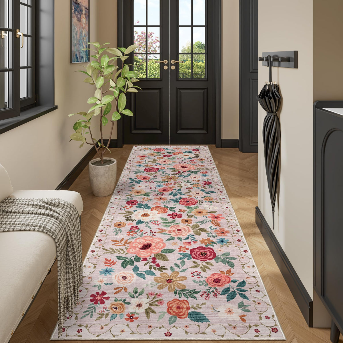 DUKINO Black Floral Area Rug for Modern Home Decor