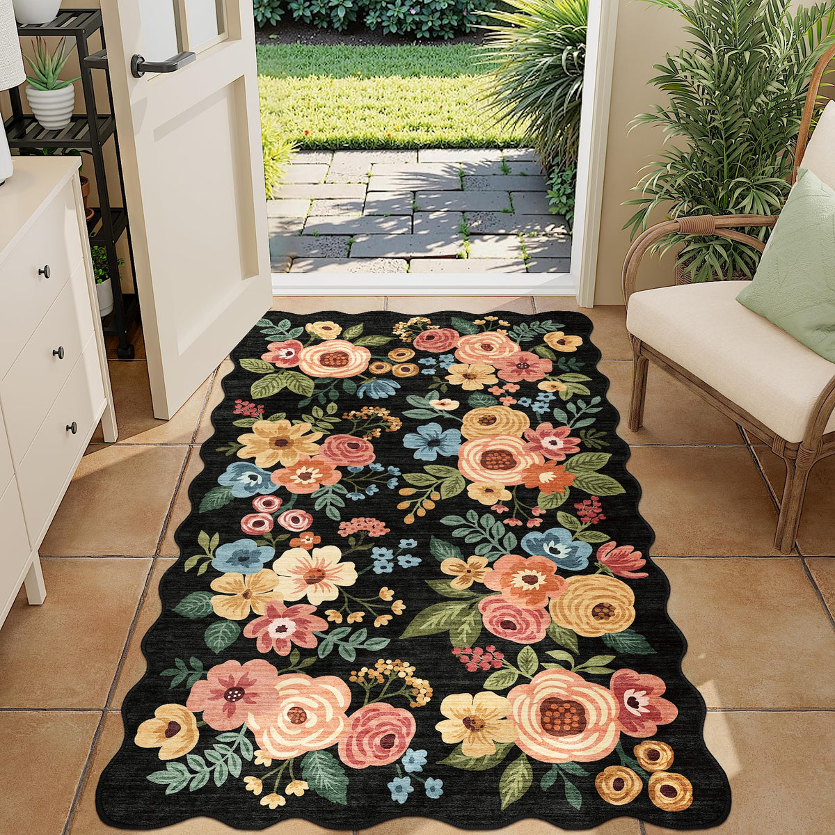 DUKINO Black Floral Area Rug for Modern Home Decor